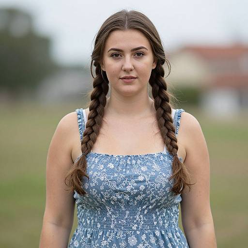 Photograph of a young white woman with long brown braids, wearing a blue floral dress, standing in a blurred outdoor grassy field.