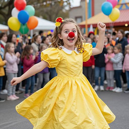 Photograph of a joyful young girl in a yellow clown dress with a red nose, yellow flower hairpiece, dancing in a colorful balloon-filled outdoor parade