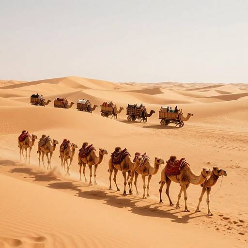 Photograph of a caravan with camels and covered wagons traversing a sunlit, golden sand desert with rolling dunes in the background.