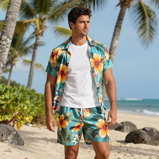 Man in Hawaiian Floral Shirt and Shorts on Tropical Beach