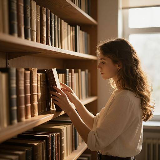 Photograph of a young woman with long brown hair, wearing a white blouse, standing in a sunlit library, gently touching a book on a wooden