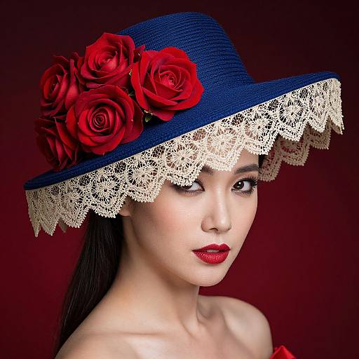 Photograph of an Asian woman with fair skin, red lipstick, wearing a navy blue hat adorned with red roses and white lace, against a deep red