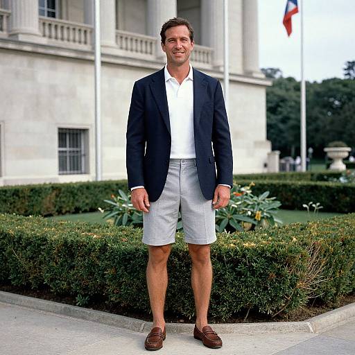 Photograph of a smiling, athletic man in a navy blazer, white shirt, white shorts, and brown loafers, standing in front of a
