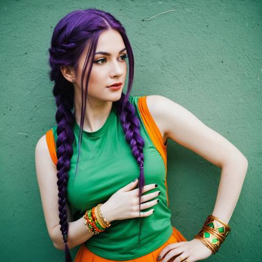 Woman with Long Purple Braids in Green and Orange Outfit