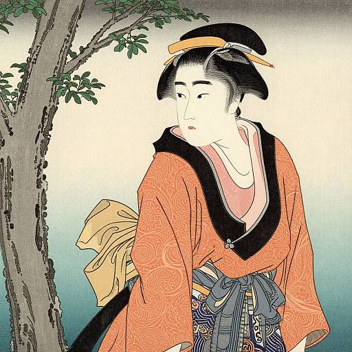 Traditional Japanese woodblock print of a woman in an orange kimono with black trim, blue obi, and black hair, standing beside a tree.