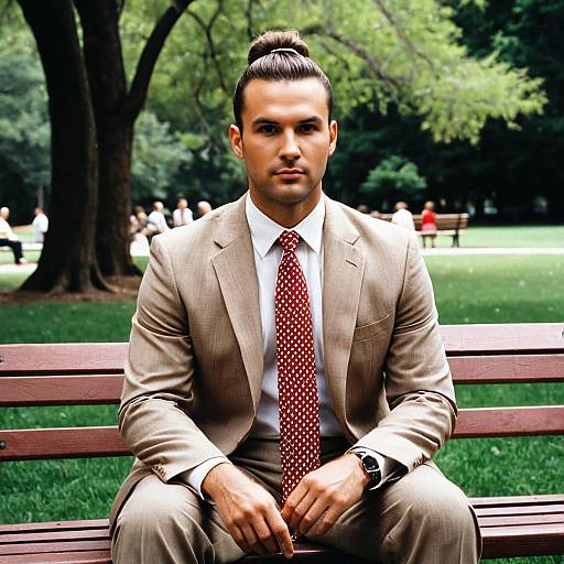 Man in Brown Suit Sitting on Park Bench