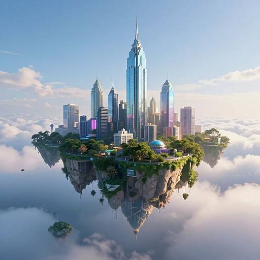 Photorealistic CGI of a futuristic cityscape floating on a cloud island, featuring towering skyscrapers, lush greenery, and a reflective water surface