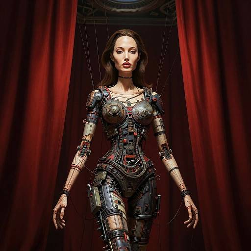 Digital artwork of a woman with a robotic bodysuit, standing in red curtains, featuring intricate mechanical details and wires.