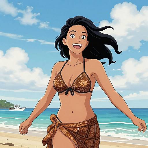 Digital anime-style drawing of a smiling, tan-skinned woman with black hair in a brown patterned bikini, running on a sunny beach with a boat