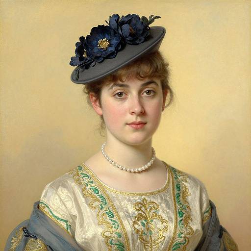 Photograph-style painting of a young Caucasian woman with fair skin, brown hair, wearing a black hat with blue flowers, white pearl necklace, and gold
