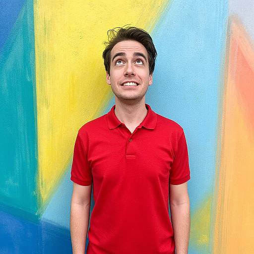 Photograph of a smiling man with short black hair, wearing a red polo shirt, standing against a vibrant, abstract yellow-blue-orange background.