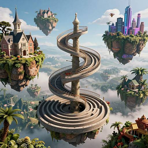 Fantasy CGI scene: spiraling stone staircase tower amidst floating medieval castles, modern skyscrapers, lush islands, and palm trees in a cloud