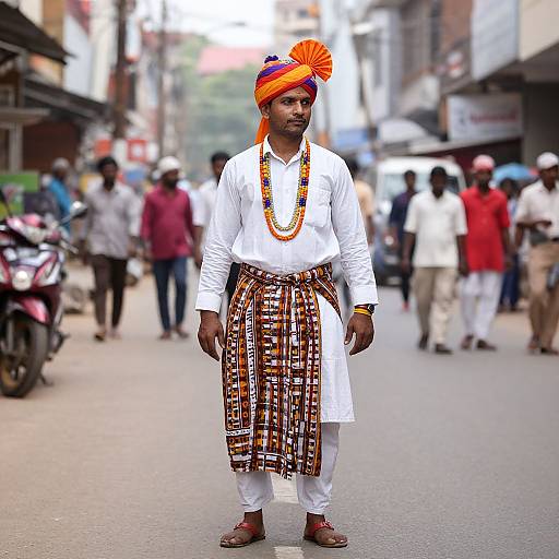 Photograph of a confident Indian man in white kurta, orange turban, patterned dhoti, beaded necklace, standing on a busy