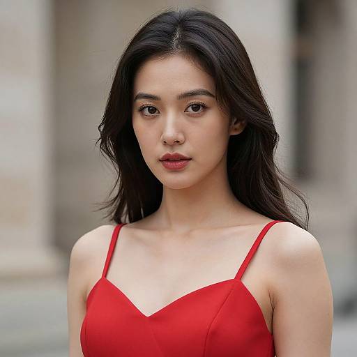 Photograph of an East Asian woman with long black hair, wearing a red spaghetti-strap dress, standing against a blurred urban background.