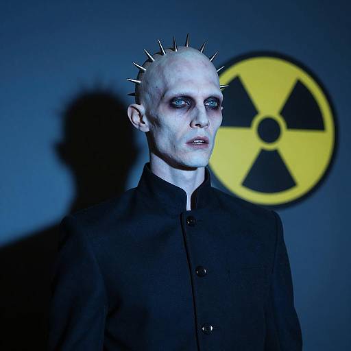 Pale humanoid figure with metal spikes and radiation symbol