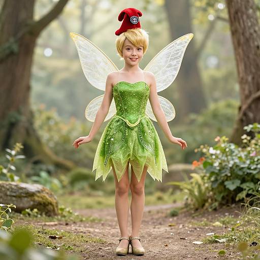 Photorealistic CGI of a blonde fairy girl with green dress, translucent wings, red hat, and black shoes in a sunlit forest.