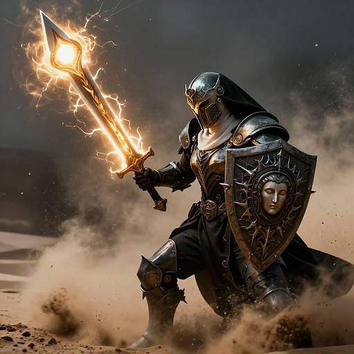 Digital artwork of a armored warrior with glowing, electric sword, and intricate shield, knee-deep in sand, under dark, smoky sky.