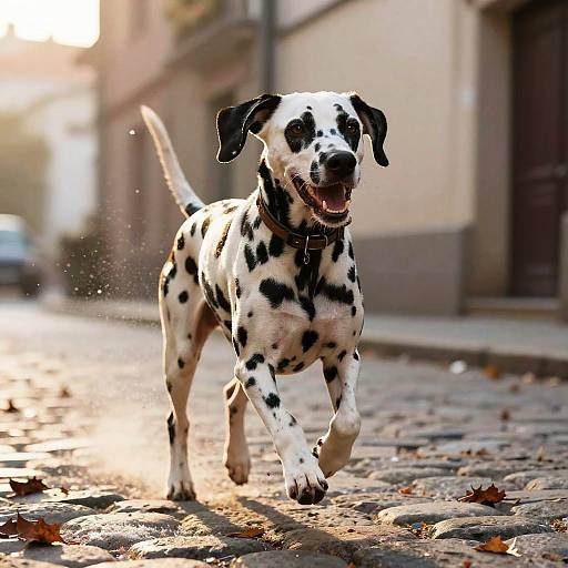 Dynamic Dalmatian on Cobblestone Street