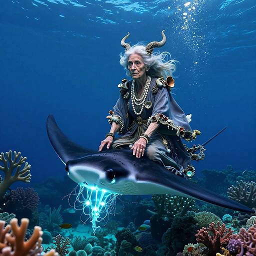Elderly Sea Witch on Bioluminescent Manta Ray
