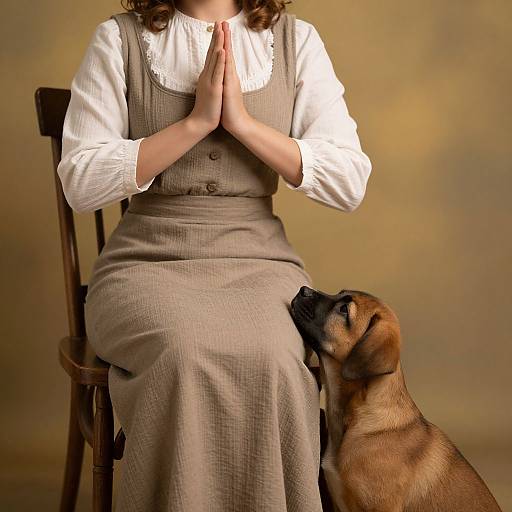 Photograph of a woman in a white blouse and brown pinafore dress, hands in prayer, seated on a wooden chair, with a brown dog