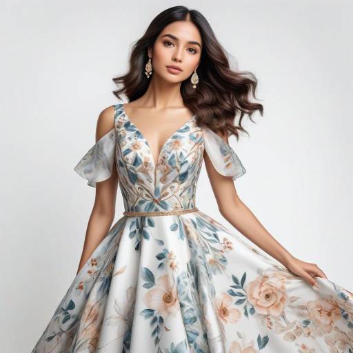 Elegant Woman in Floral Gown on White