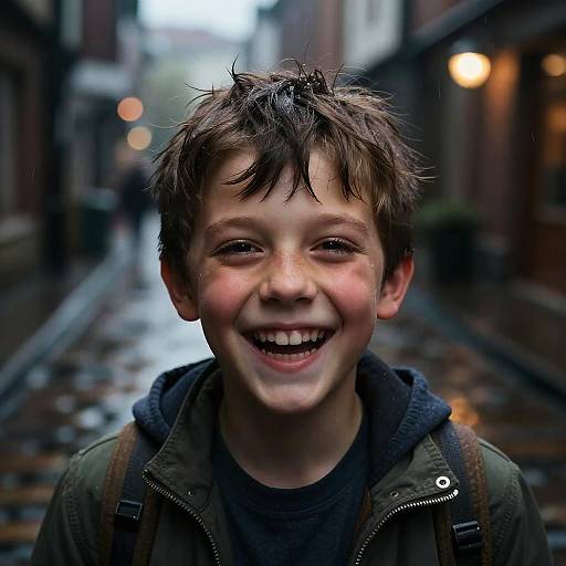 Laughing Boy in Rainy Alley