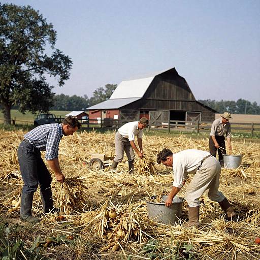 Photograph of four men harvesting golden wheat in a sunlit field, with a rustic wooden barn and clear sky in the background.