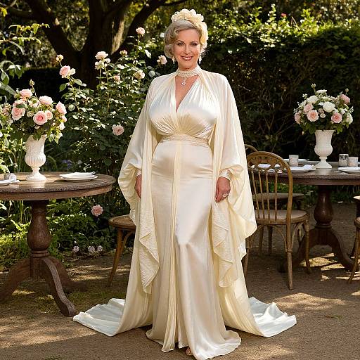 Photograph of a pregnant woman in a white satin gown with a draped cape, standing in a sunlit garden, surrounded by flower-filled tables and wooden