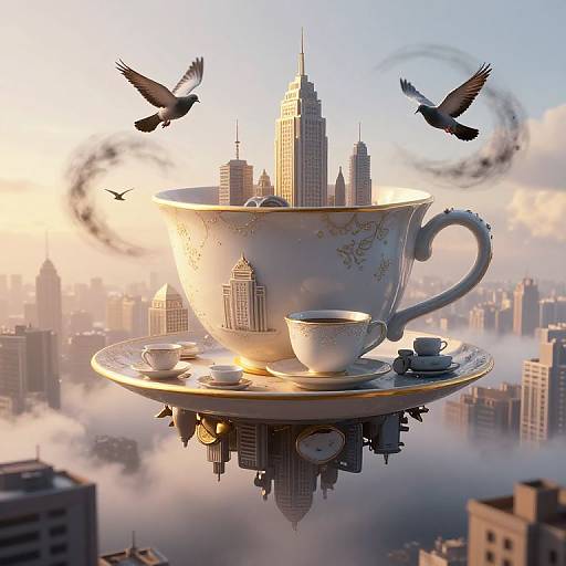 Digital artwork: Giant teacup with cityscape inside, floating in sky, surrounded by flying birds, golden sunlight, and reflected skyscrapers.