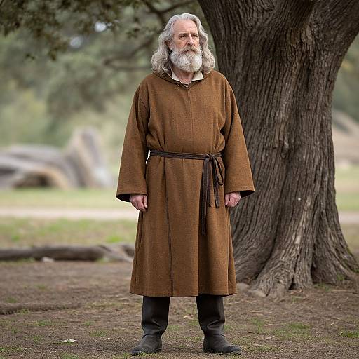 Photograph of an elderly white man with long gray hair and beard, wearing a brown tunic and black pants, standing in front of a large tree