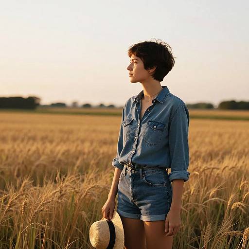 Pixie-Cut Woman in Golden Sunset Field