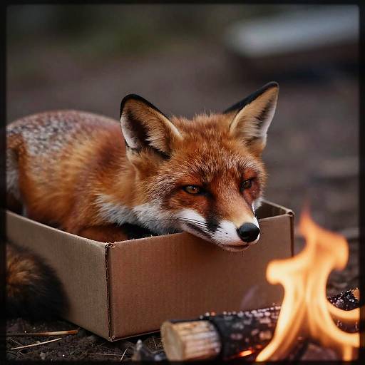 Sleepy Red Fox in Box Near Campfire
