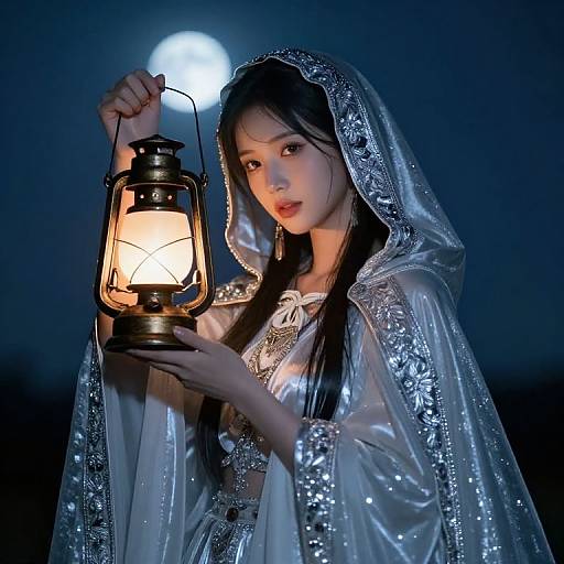 Photograph of an Asian woman with long black hair, wearing a silver-embellished hooded cloak, holding a glowing lantern against a dark,