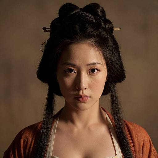 Photographic portrait of a young East Asian woman with black hair in a traditional bun, wearing an orange kimono with white trim. Soft, neutral background