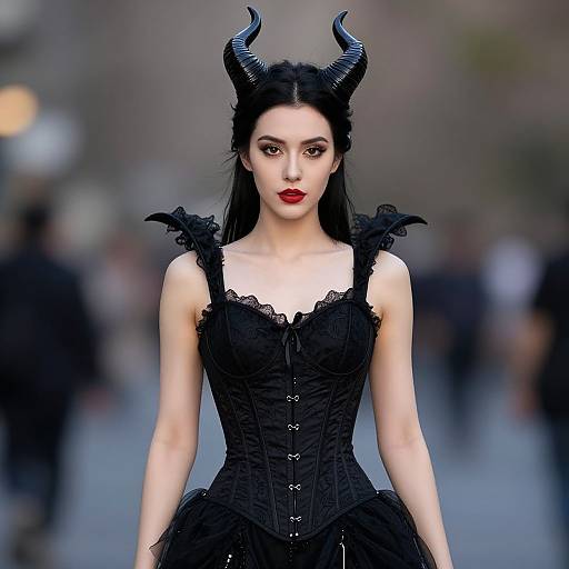 Photograph of a pale-skinned woman with black hair, red lips, black horned headpiece, and black corseted dress, walking down