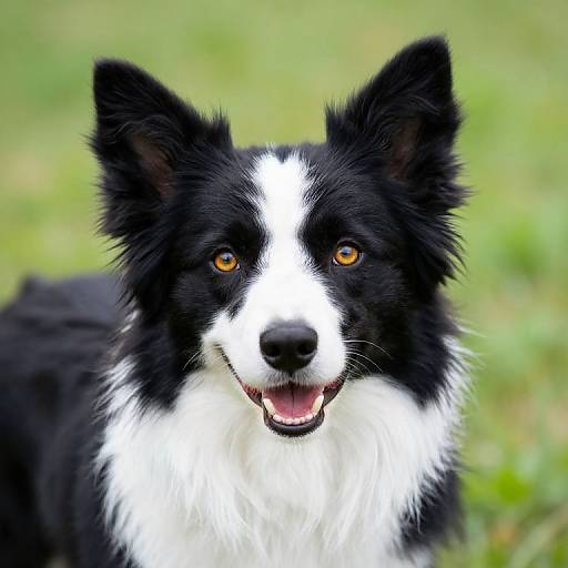 Photograph of a black and white Border Collie with bright orange eyes, smiling with its mouth open, set against a blurred green grass background.
