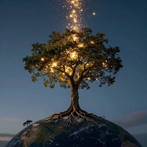 Digital art of a glowing tree with sparkling lights, rooted on a planet, against a twilight blue sky. Magical and surreal.