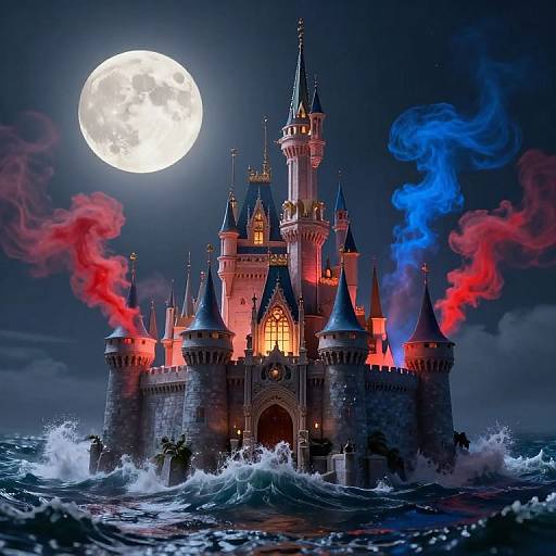 Photograph-style CGI of a fiery, besieged castle with red and blue smoke, illuminated by a full moon, surrounded by crashing waves.