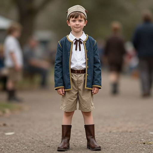 Photograph of a young boy in a vintage outfit: beige cap, blue jacket, white shirt, tan shorts, brown boots, standing on a park
