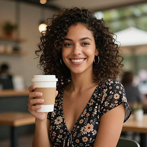 Photograph of a smiling, curly-haired woman with medium brown skin, wearing a floral black dress, holding a coffee cup in a bright, blurred café