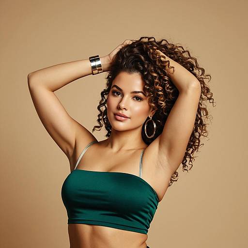 Curly Haired Woman in Emerald Green Bandeau Top