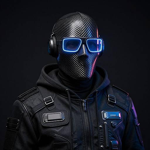 Photograph of a person in a black, textured mask, neon blue square glasses, black leather jacket with glowing buttons, and headphones, against a dark