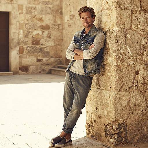 Photograph of a casually dressed, handsome man with short curly brown hair, leaning against a sunlit, textured stone wall, arms crossed, wearing a