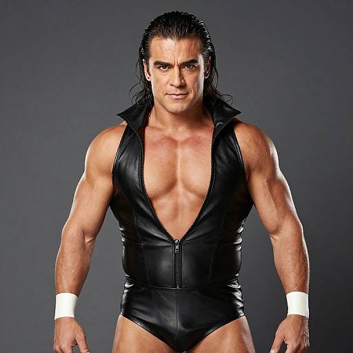 Muscular man with wet, long black hair wears a deep V black leather zip-up bodysuit, white wristbands, against a dark gray background