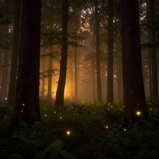 Photograph of a misty forest at dusk, with tall trees, glowing yellow fireflies, and a warm orange sunset light filtering through the fog in