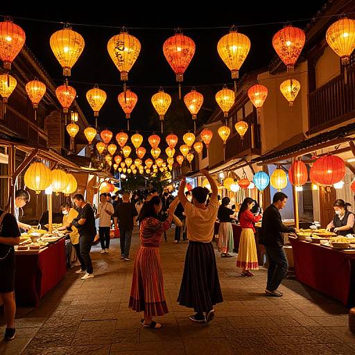 Night market photograph: Vibrant orange lanterns hang overhead, illuminating a bustling street with shoppers in colorful traditional dresses and men in casual attire, browsing