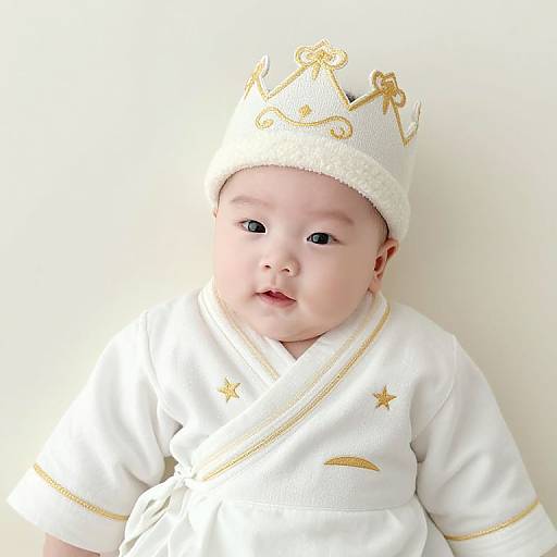 Photograph of a baby with fair skin, wearing a white crown and matching white outfit with gold stars and accents.