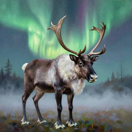 Photorealistic digital artwork of a majestic reindeer with large antlers standing in front of vibrant green Northern Lights, misty forest background.