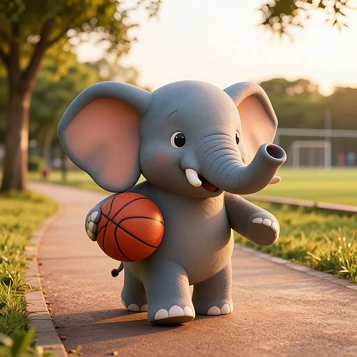 CGI cartoon elephant with blue-gray skin, large ears, and white tusks, holding a basketball, walking on a sunlit park path.