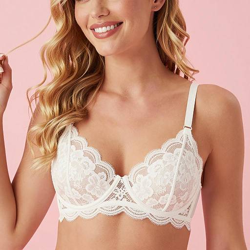 Cheerful Blonde in Floral Lace Bra